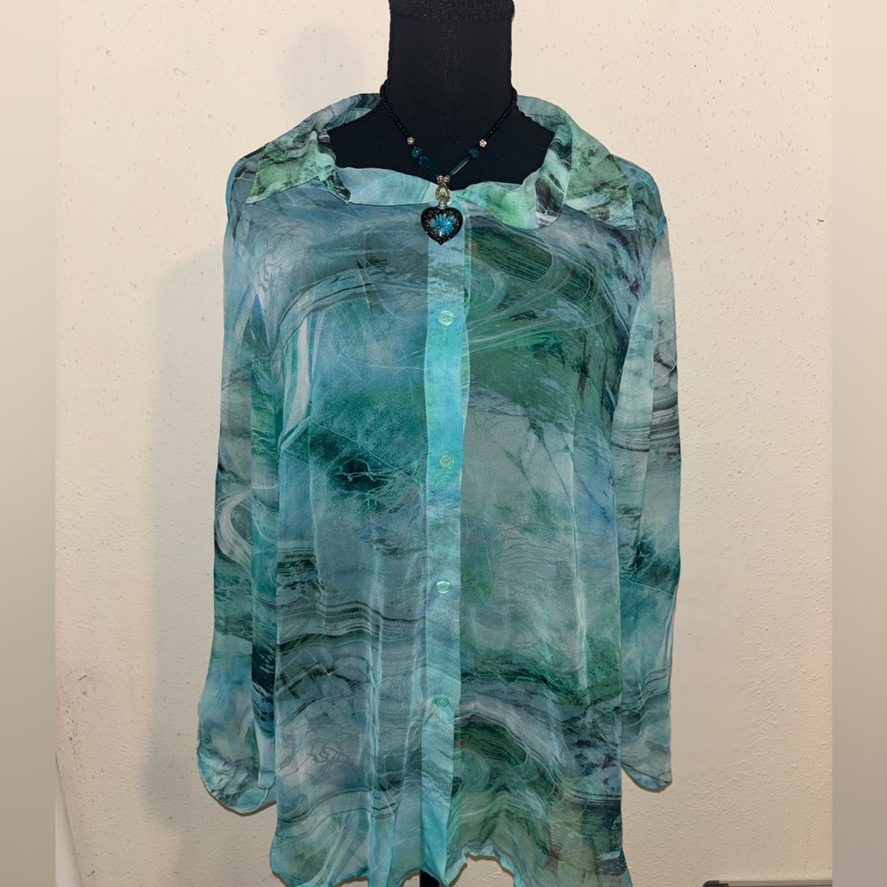 Sheer Marble-Print Button Front Blouse